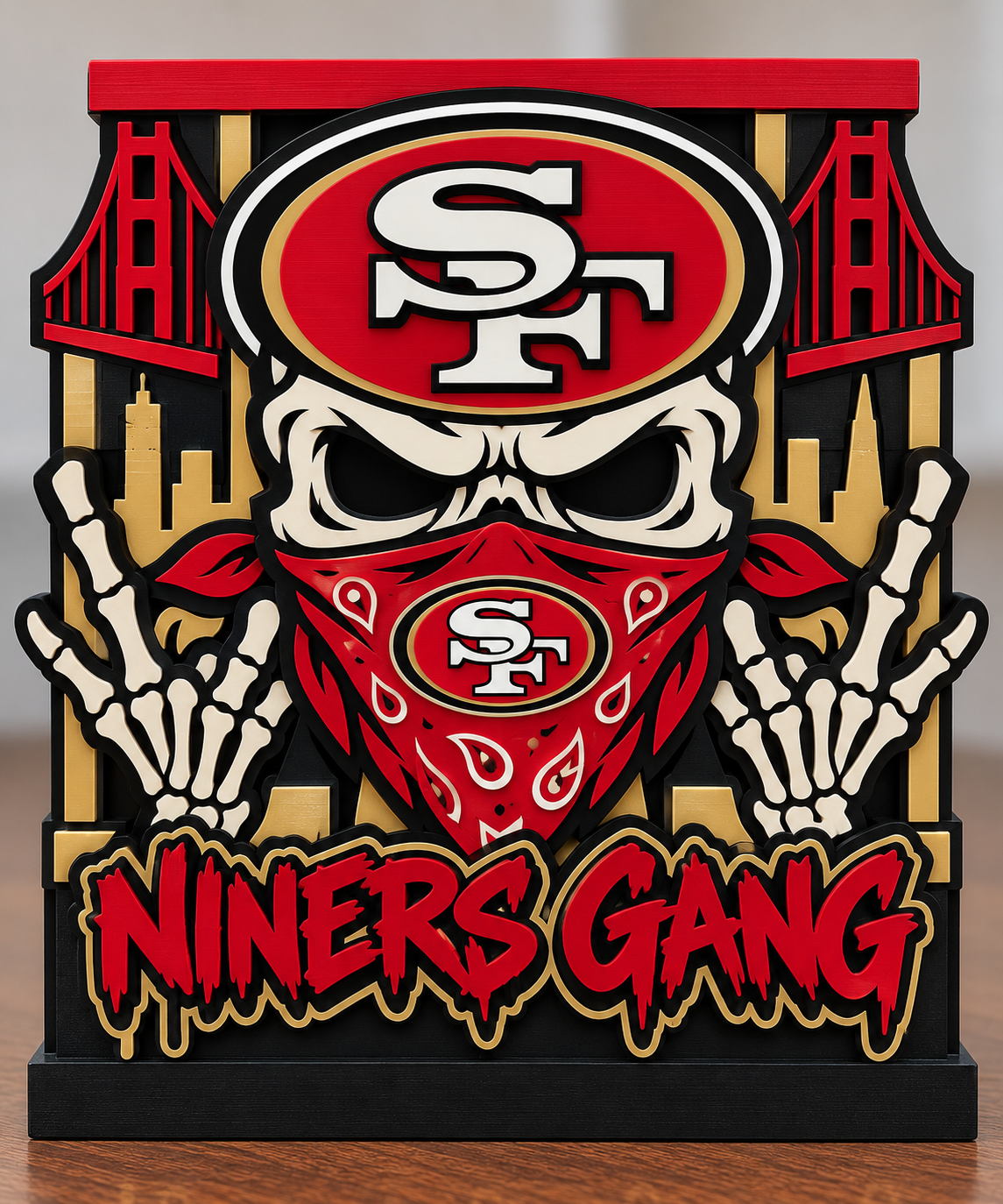 49ers Niners Gang candle holder with skull, SF-emblem bandana, skeletal hands, bridge details, and red top tray.