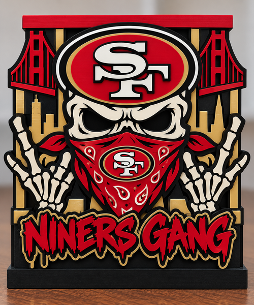49ers Niners Gang candle holder with skull, SF-emblem bandana, skeletal hands, bridge details, and red top tray.