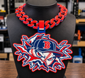 Boston Red Sox hype chain featuring a baseball character in a B-emblem cap, in red, navy, and white on a black display bust.