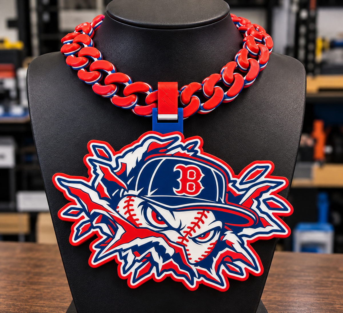Boston Red Sox hype chain featuring a baseball character in a B-emblem cap, in red, navy, and white on a black display bust.