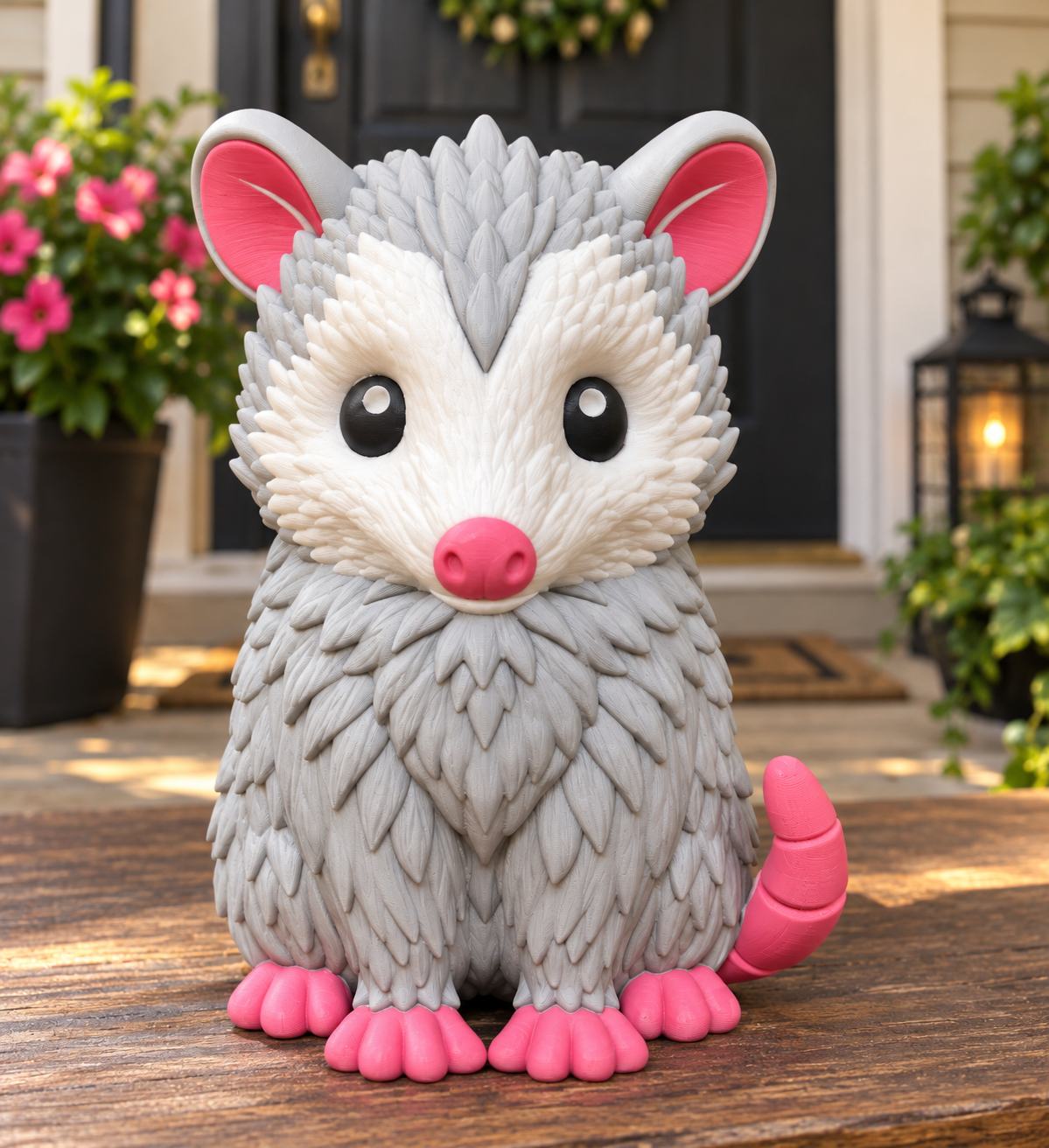 Gray-and-white Porch Possum figurine with pink ears, nose, paws, and curled tail displayed on a wooden surface.