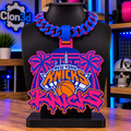 New York Knicks Vice hype chain in pink, blue, orange, and white with palm trees and skyline on a black display bust.