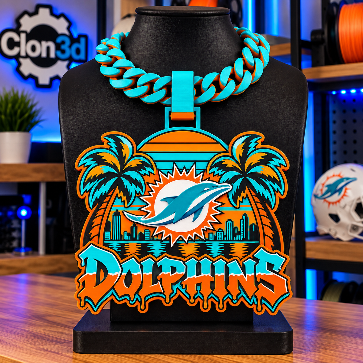 Miami Dolphins Vice hype chain in teal and orange with dolphin emblem, palm trees, sunset, and skyline on a black display bust.