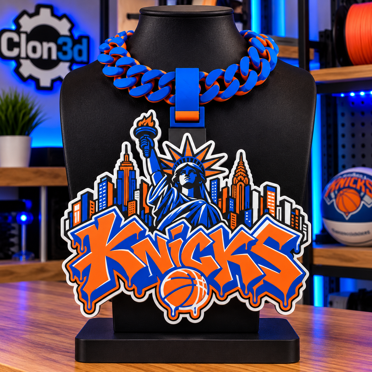New York Knicks hype chain in orange and blue with Statue of Liberty, skyline, and basketball details on a black display bust.