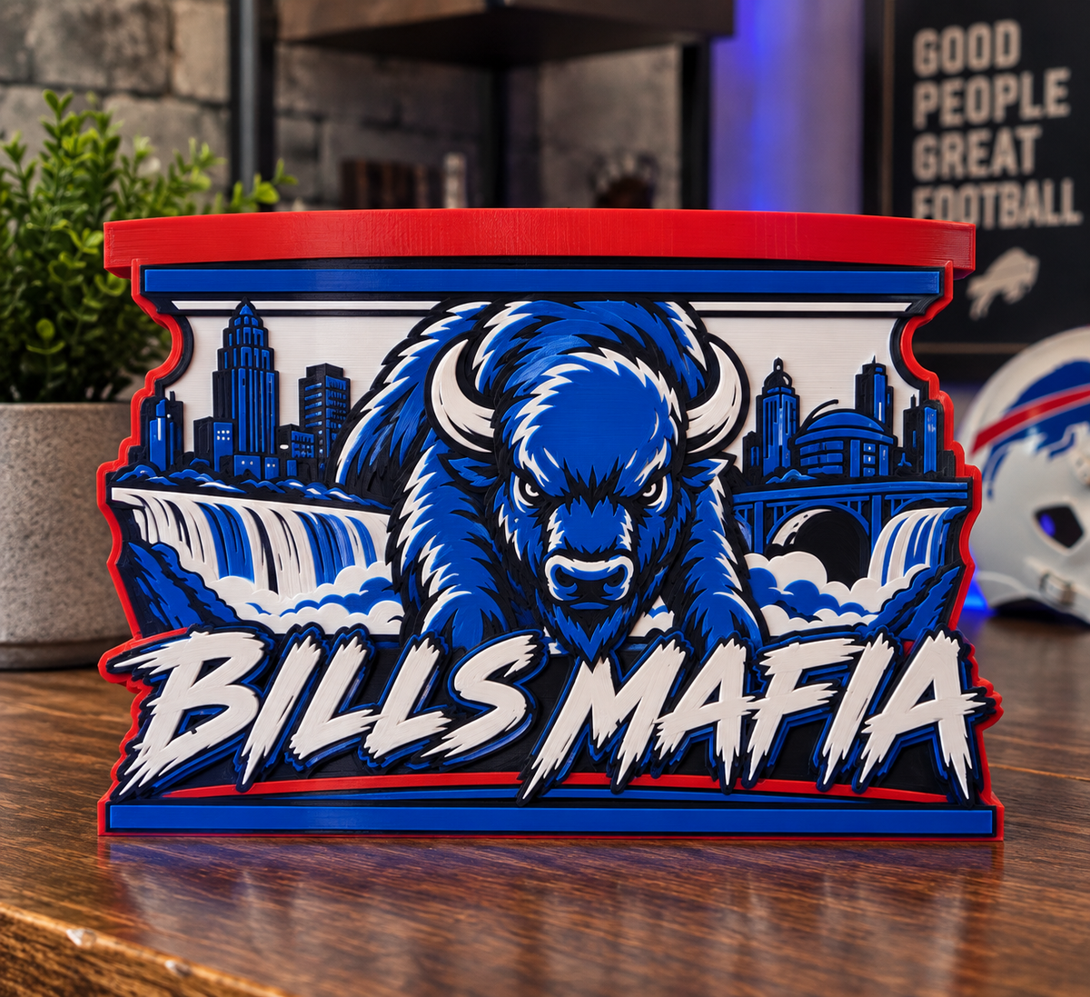 Bills Mafia candle holder in blue, red, white, and black with buffalo, skyline, waterfalls, and red top tray.