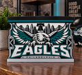 Philadelphia Eagles candle holder with teal-and-white winged eagle, skyline, Liberty Bell, and black top tray.