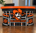 Oklahoma State OSU candle holder with orange top tray, cowboy mascot, and black-and-gray stadium-style details.