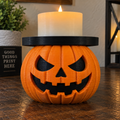Orange jack-o'-lantern candle holder with black face details and a black circular tray, shown with a candle for display.