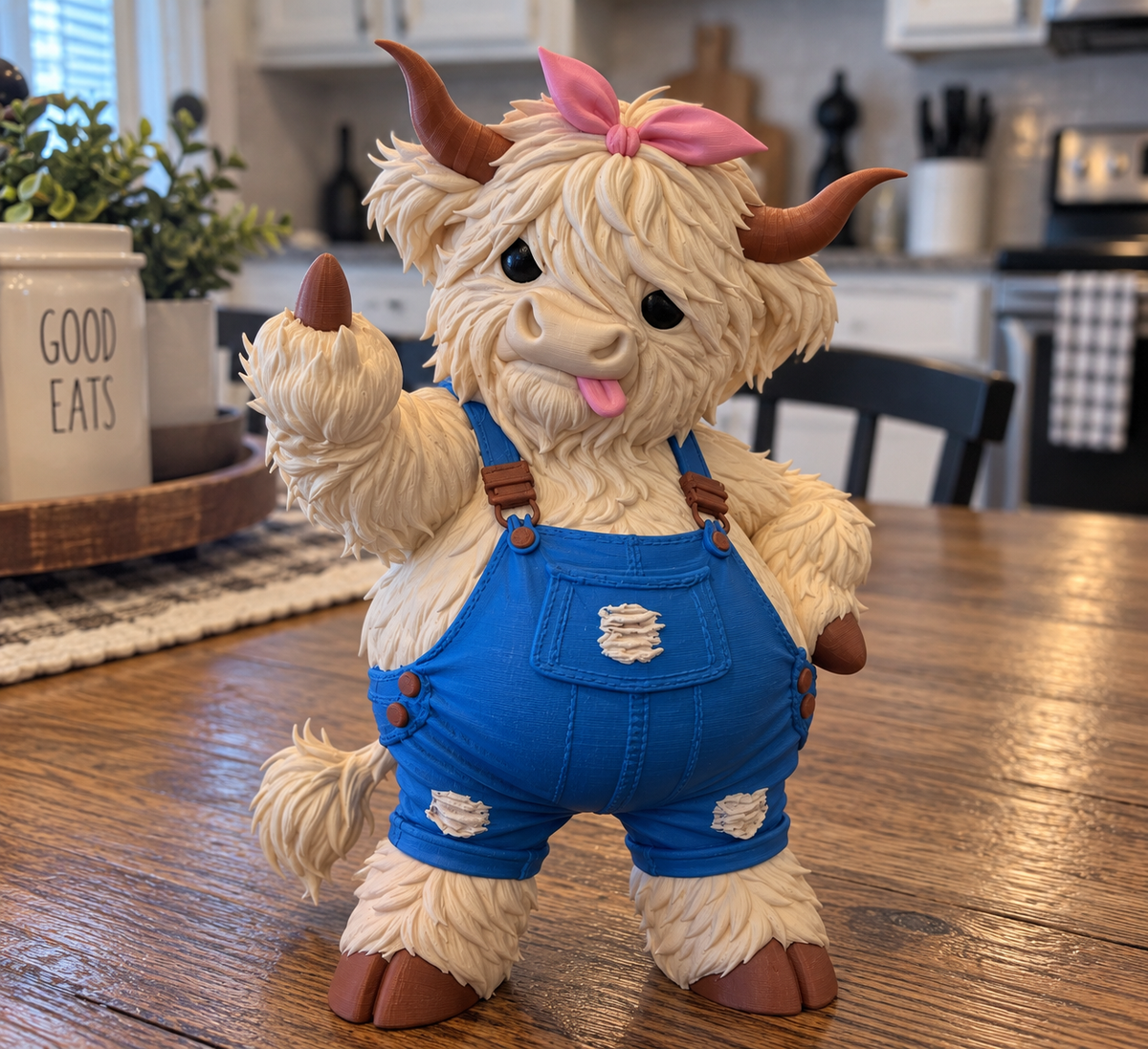 Middle Finger Highland Cow figurine with shaggy cream fur, brown horns, a pink bow, and blue overalls.