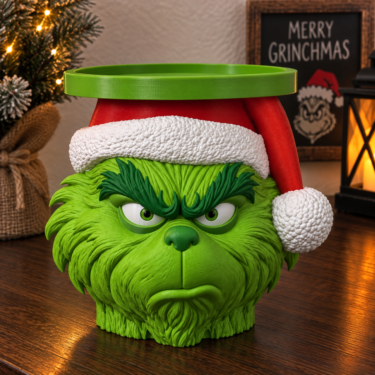 Grinch Face candle holder with green fur, a red Santa hat, white trim, and a green circular top tray.
