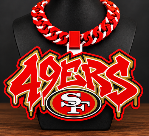 49ers graffiti-style hype chain with red lettering and gold, white, and black details on a black display bust.