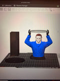 Digital model preview in slicing software of Michael Myers holding a circular tray overhead; not a finished-product photograph.