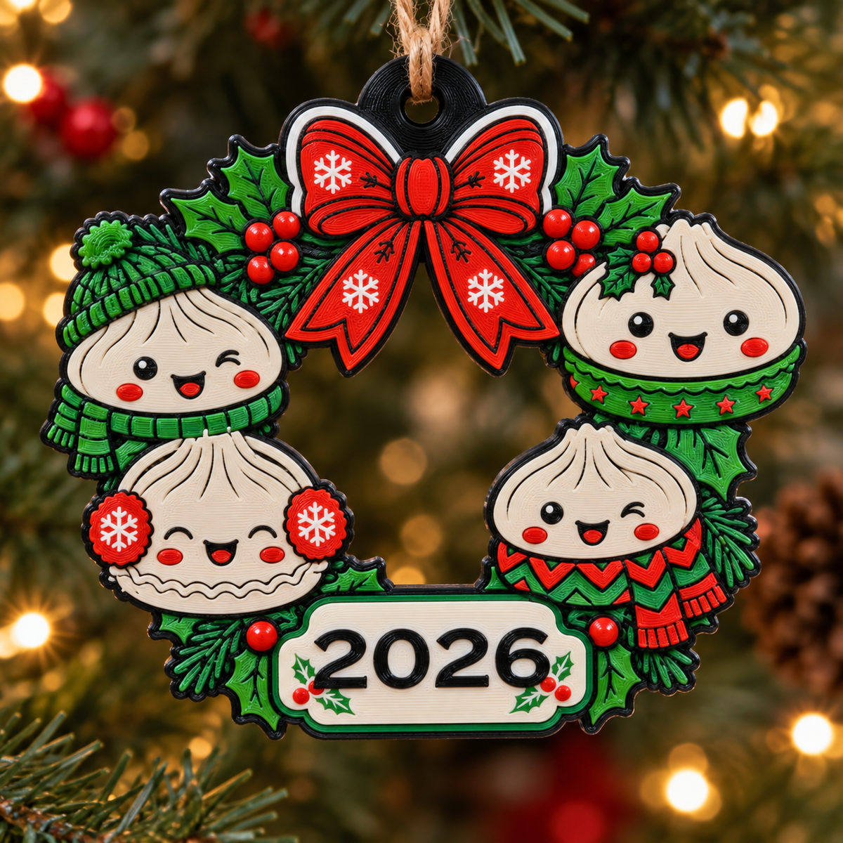 Christmas wreath ornament with festive dumpling characters, a red bow, green holly and a 2026 plaque
