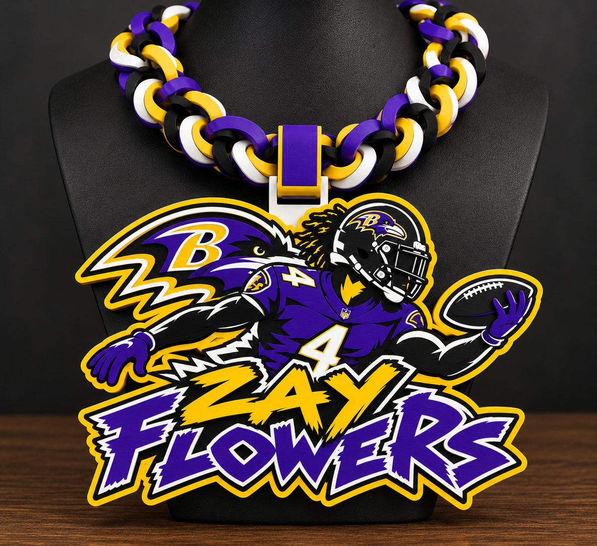 Zay Flowers hype chain with number 4 player, Ravens imagery, and purple and yellow lettering on a black display bust.