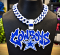 Dallas Cowboys Graffiti hype chain with blue-and-white lettering and a star beneath on a black display bust.