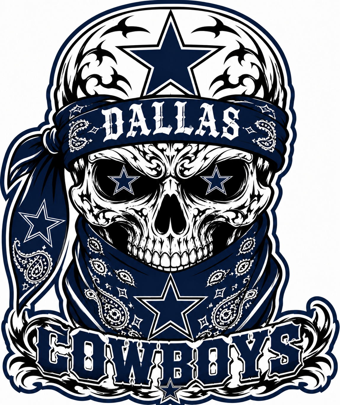 Dallas Cowboys skull bandana design reference with navy stars and DALLAS and COWBOYS lettering; not a finished-chain photograph.