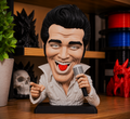 Finished Elvis Presley caricature bust with white stage outfit and microphone shown as a preview for the digital 3MF download.