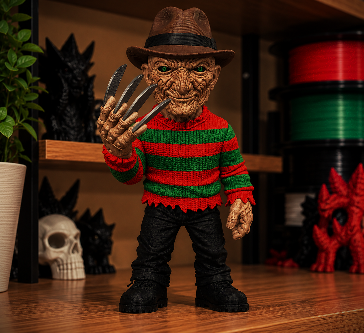 Finished Freddy Krueger micro statue with brown hat, striped sweater, and bladed glove shown as a preview for the digital 3MF download.