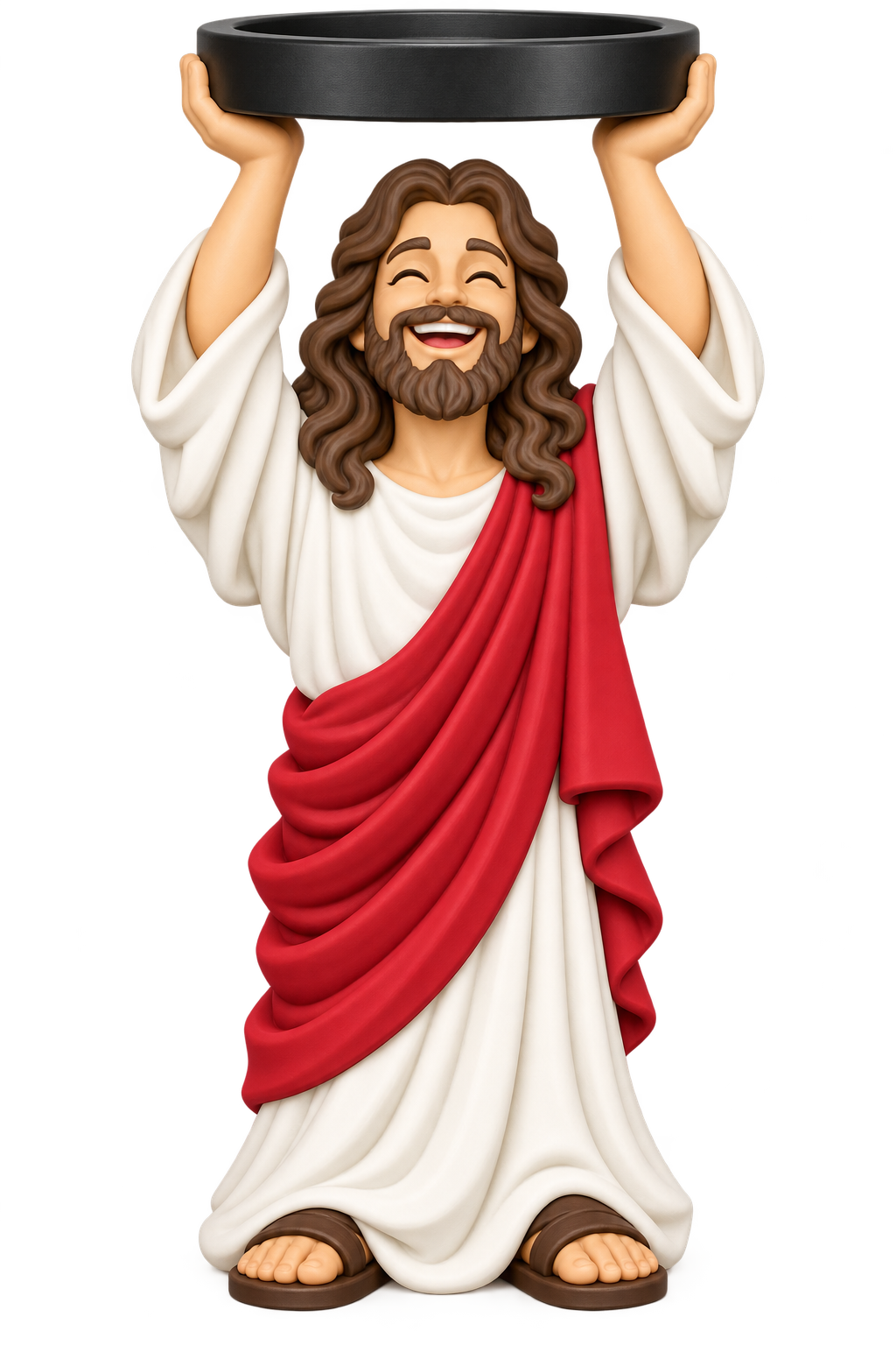 Jesus candle holder preview with white robes, a red sash, and a black circular tray held overhead.