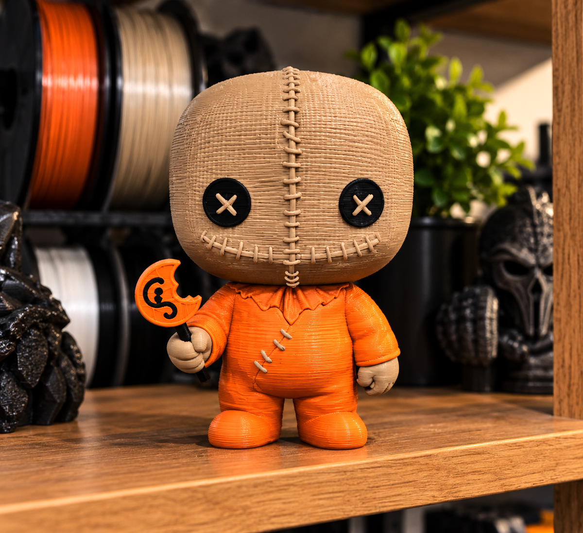 Sam micro statue with a stitched tan sack-style head, black button eyes, orange outfit, and bitten pumpkin lollipop.