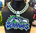 Seattle Seahawks Graffiti hype chain in navy, green, and white with hawk-head emblem and Seahawks lettering on a black display bust.