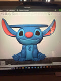 Digital model preview of a seated Stitch candle holder with oversized ears and a circular top tray, displayed in slicing software.